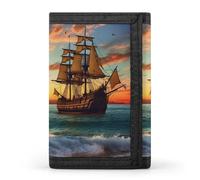 Portefeuille fin à triple volet motif bateau pirate au coucher du soleil - Portefeuille fin personnalisé gravé RFID pour homme et femme - Style - Taille unique, Style :, Taille unique