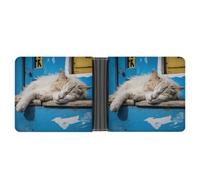 Portefeuille fin compact à deux volets en cuir avec petit chat endormi, portefeuille minimaliste pour homme avec porte-cartes de crédit, fente pour pièces de monnaie, fenêtre d'identité, unisexe