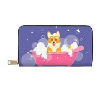Portefeuille fin en cuir pour homme et femme - Motif chien lavé dans une carte de bain rose pour homme et femme avec fermeture éclair