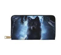 Portefeuille fin en cuir pour homme et femme - Motif scène nocturne de loups - Portefeuille pour homme et femme avec fermeture éclair