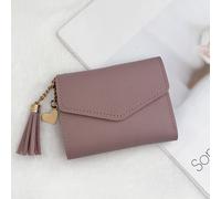 Portefeuille fin pour femme avec détails de surpiqûres, décorations à franges et métal, fenêtre d'identification pour carte de crédit, style minimaliste moderne, idéal pour une utilisation quotidienne