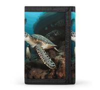 Portefeuille fin pour homme avec imprimé tortue de mer à trois volets, en polyester, mini portefeuille minimaliste adapté pour le travail, les voyages et un usage quotidien, Tortue de mer., Taille