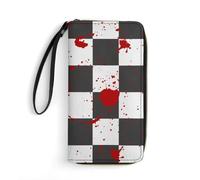 Portefeuille Halloween à carreaux noirs et blancs avec éclaboussures de sang, pour femmes et hommes, en cuir PU, porte-cartes de crédit et d'identité, avec poche zippée pour la monnaie et dragonne.