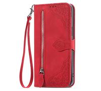 Portefeuille Housse Coque pour ZTE Blade A56 Pro Étui en Cuir Flip Cover Sac à Fermeture éclair Housse 360 Etui a Rabat Cover étui Téléphone Voyage Carte Crédit Pochette Rouge