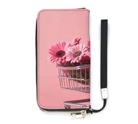 Portefeuille long avec dragonne pour femme Motif fleurs dans un panier de courses Portefeuille Pochette en cuir Grande capacité Porte-monnaie Porte-cartes de crédit, Fleurs dans le panier, 20x10.5cm