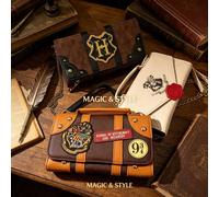 Portefeuille long de la série Harry Potter de Warner Bros. (WB), sac à bandoulière, sac bandoulière, sac à main, avec emblème de la lettre "H" et motif de logo de marque marron. Équipé d'une bandouliè