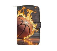Portefeuille long en cuir avec fenêtre pour carte d'identité Motif basketball in Fire