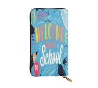 Portefeuille long en cuir avec illustration « Welcome Back to School » pour femme, 12 emplacements pour cartes de crédit, poche zippée pour pièces de monnaie, compartiments pour espèces, pochette