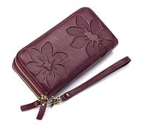 Portefeuille long en cuir de vache véritable avec double fermeture éclair pour femme Grande capacité Sac à main pour téléphone RFID Porte-cartes de crédit, violet, Taille unique