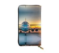Portefeuille long en cuir imprimé avion aux couchers de soleil - Portefeuille personnalisé à la mode, plusieurs emplacements pour cartes, prêt à offrir, noir, One Size