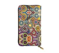 Portefeuille long en cuir imprimé cercles ethniques à motif floral - Portefeuille personnalisé à la mode, plusieurs emplacements pour cartes, prêt à offrir, noir, taille unique, Noir/blanc, One Size
