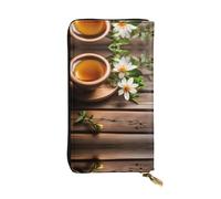 Portefeuille long en cuir imprimé fleur sarcelle sur planche de bois - Portefeuille personnalisé tendance, plusieurs emplacements pour cartes, prêt à offrir, noir, One Size