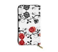 Portefeuille long en cuir imprimé floral rose avec feuilles - Portefeuille personnalisé à la mode, plusieurs emplacements pour cartes, prêt à offrir, noir, taille unique, Noir , Taille unique