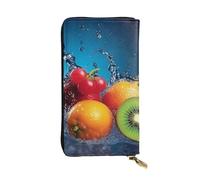 Portefeuille long en cuir imprimé gouttes d'eau autour des fruits sur fond bleu pour femmes, grande capacité, fermeture éclair, sac à main de voyage pour femmes et filles, noir, taille unique,