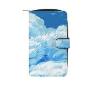 Portefeuille long en cuir pour femme - Motif oiseau vert - Avec 12 porte-cartes - Grande capacité - Poche pour pièces de monnaie, Nuage en forme de chat, 19.7x11x3.5cm