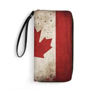 Portefeuille long multi-poches rétro en cuir avec motif drapeau du Canada pour femme, portefeuille ultra fin avec poche à fermeture éclair pour le shopping, le travail, style moderne, 19,7 x 10,5 cm,