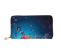 Portefeuille long pour femme en cuir microfibre avec fermeture éclair, sac à main de voyage long avec gouttes d'eau autour des fruits sur fond bleu, portefeuille mobile imprimé, noir, taille unique,
