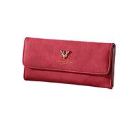 Portefeuille long tendance pour femme - Couleur unie - Décoration faon - Porte-monnaie - Plusieurs emplacements pour cartes - Portefeuille pour femme - Grande capacité - Double fermeture éclair, Rouge