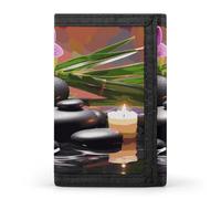 Portefeuille minimaliste à trois volets pour homme Motif fleurs dans la fontaine Pierres de massage Portefeuille antivol pour cartes et espèces