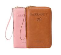 Portefeuille multifonction RFID pour passeport, étui de rangement antivol pour portefeuille, étui de protection antivol essentiel pour voyage, Marron + rose, Moderne