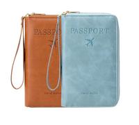 Portefeuille multifonction RFID pour passeport, étui de rangement antivol pour portefeuille, étui de protection antivol essentiel pour voyage, Marron + bleu ciel, Moderne