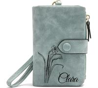 Portefeuille Personnalisé en Cuir Sac à Main Gravé avec Nom de Fleur de Naissance Personnalisé et Dragonne Détachable Cadeau Personnalisé pour Femme Maman Petite Amie, Bleu Clair