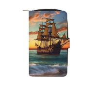 Portefeuille pour cartes de crédit motif bateau pirate au coucher du soleil avec blocage RFID fin en cuir véritable minimaliste poche avant porte-clés pour homme et femme, style, 19,7 x 11 x 3,5 cm,