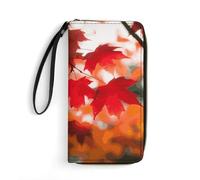 Portefeuille pour femme en cuir imprimé, livré en rouge et beige avec fermeture éclair autour du porte-cartes de crédit pochette pour téléphone, Feuilles d'érable rouges d'automne, 19.7x10.5cm