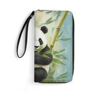 Portefeuille pour femme en cuir imprimé, livré en rouge et beige avec fermeture éclair autour du porte-cartes de crédit pochette pour téléphone, Bambou avec panda, 19.7x10.5cm