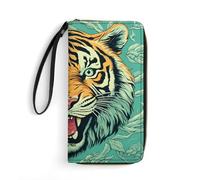 Portefeuille pour femme en cuir imprimé, livré en rouge et beige avec fermeture éclair autour du porte-cartes de crédit pochette pour téléphone, Motif tête de tigre, 19.7x10.5cm