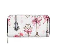 Portefeuille pour femme en cuir synthétique avec poche pour pièces de monnaie zippée, clé médiévale, nœud rose, Noir , Taille unique, Moderne