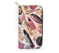 Portefeuille pour femme sur le thème du maquillage - Long et fin - Porte-cartes minimaliste - Fermeture éclair - Pour porte-monnaie terne - Motif sur le thème du maquillage - 19,7 x 10,5 cm, Motif sur