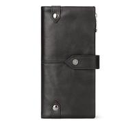 Portefeuille pour homme en cuir véritable, organiseur de voyage de grande capacité avec 19 emplacements pour cartes, poche zippée, porte-cartes SIM, design vintage durable, noir, Couleur unie