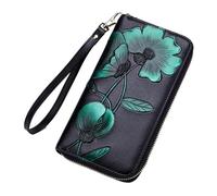 Portefeuille pour homme format portrait fleurs peintes à la main bracelet pour femme avec dragonne, porte-monnaie long, grande capacité, multiple, porte-cartes zippé, porte-monnaie pour femme, vert,