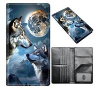 Portefeuille pour passeport pour homme et femme, en cuir synthétique avec blocage RFID, antivol et emplacements pour cartes de crédit, format A6, Deux loups, Size:8"x4.3"
