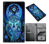 Portefeuille pour passeport pour homme et femme, en cuir synthétique avec blocage RFID, antivol et emplacements pour cartes de crédit, format A3, Rêve loup coloré, Size：8"x4.3"