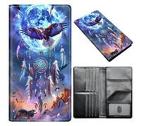 Portefeuille pour passeport pour homme et femme, en cuir synthétique avec blocage RFID, antivol et emplacements pour cartes de crédit, format A9, Moon Hawk Wolf, Size:8"x4.3"