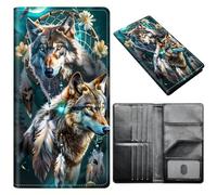 Portefeuille pour passeport pour homme et femme, en cuir synthétique avec blocage RFID, antivol et emplacements pour cartes de crédit, format A6, Attrape-rêves loup, Size：8"x4.3"