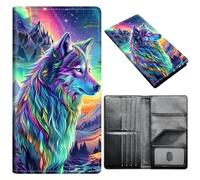 Portefeuille pour passeport pour homme et femme, en cuir synthétique avec blocage RFID, antivol et emplacements pour cartes de crédit, format A4, Loup coloré, Size：8"x4.3"