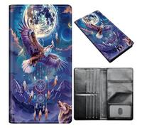 Portefeuille pour passeport pour homme et femme, en cuir synthétique avec blocage RFID, antivol et emplacements pour cartes de crédit, format A9, Eagle Moon Wolf, Size:8"x4.3"