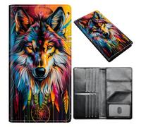Portefeuille pour passeport pour homme et femme, en cuir synthétique avec blocage RFID, antivol et emplacements pour cartes de crédit, format A5, Wolf Dream, Size:8"x4.3"