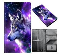 Portefeuille pour passeport pour homme et femme, en cuir synthétique avec blocage RFID, antivol et emplacements pour cartes de crédit, format A5, Loup Galaxie Violet, Size：8"x4.3"
