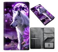 Portefeuille pour passeport pour homme et femme, en cuir synthétique avec blocage RFID, antivol et emplacements pour cartes de crédit, format A6, Loup Lune Violet, Size：8"x4.3"
