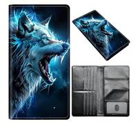 Portefeuille pour passeport pour homme et femme, en cuir synthétique avec blocage RFID, antivol et emplacements pour cartes de crédit, format A2, Loup lumineux bleu, Size：8"x4.3"