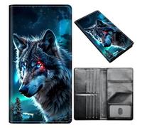 Portefeuille pour passeport pour homme et femme, en cuir synthétique avec blocage RFID, antivol et emplacements pour cartes de crédit, format A2, Loup bleu en colère, Size：8"x4.3"
