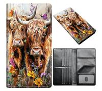 Portefeuille pour passeport pour homme et femme, en cuir synthétique avec blocage RFID, antivol et emplacements pour cartes de crédit, format A4, Deux vaches Highland, Size:8"x4.3"