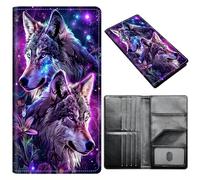 Portefeuille pour passeport pour homme et femme, en cuir synthétique avec blocage RFID, antivol et emplacements pour cartes de crédit, format A7, Double loup violet, Size：8"x4.3"