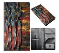 Portefeuille pour passeport pour homme et femme, en cuir synthétique avec blocage RFID, antivol et emplacements pour cartes de crédit, format A8, Drapeau Amérique en bois, Size:8"x4.3"