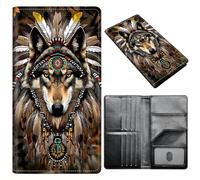 Portefeuille pour passeport pour homme et femme, en cuir synthétique avec blocage RFID, antivol et emplacements pour cartes de crédit, format A6, Loup indien, Size：8"x4.3"