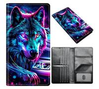 Portefeuille pour passeport pour homme et femme, en cuir synthétique avec blocage RFID, antivol et emplacements pour cartes de crédit, format A4, Neon Wolf, Size:8"x4.3"